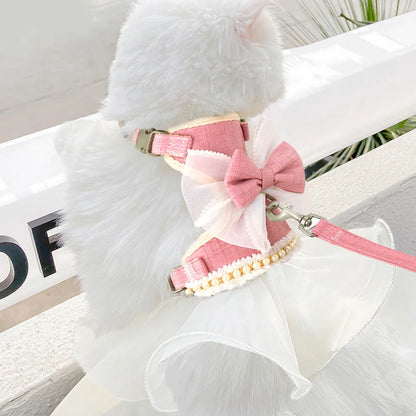 Nylon Cat Harness Leash Set Cute Bowknot Cat Dress Pet Puppy Kittten Party Princess Costumes Harnesses For Small Dogs Cats Pink