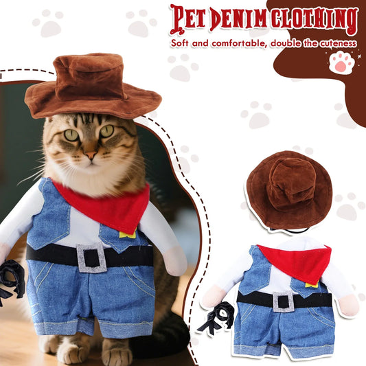 Pet Cat Cowboy Costume Funny Halloween Cat Costume Halloween Pet Jumpsuit*1 Red Scarf*1 Hat Set Cosplay Cat Accessories