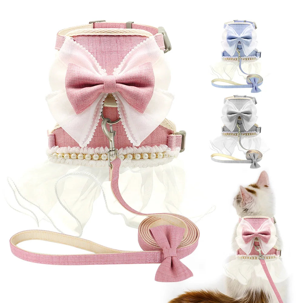 Nylon Cat Harness Leash Set Cute Bowknot Cat Dress Pet Puppy Kittten Party Princess Costumes Harnesses For Small Dogs Cats Pink