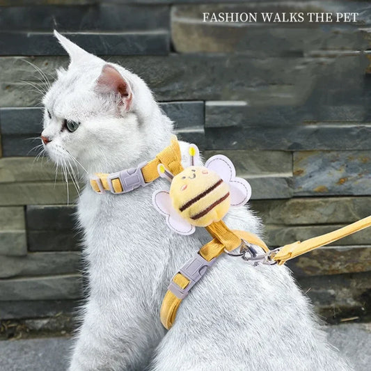 Cat Harness Leash Collar Set Adjustable Cartoon Bee Double Layer Dog Harness  Small Medium Pet Collar Leash Outdoor Walking