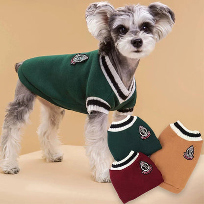 Winter Warm Pet Dog Sweater College Style V-neck Knitwear Christmas For Small Dogs Kitten Pullover Puppy Vest Kitty Outfits