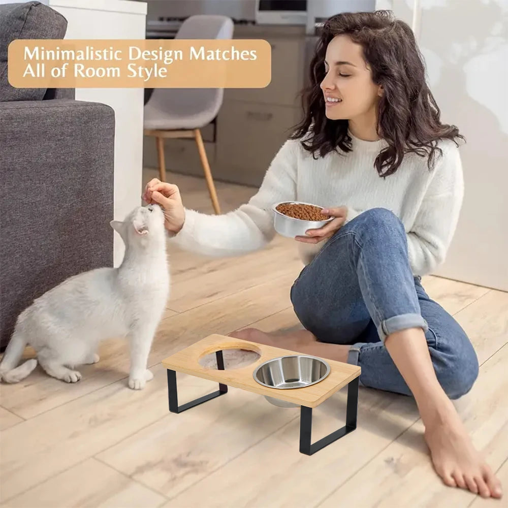 Elevated Cat Bowls 15° Tilted Raised Cat Food Bowls with Wooden Stand Anti Vomiting 2 Stainless Steel Bowls for Cats and Puppy