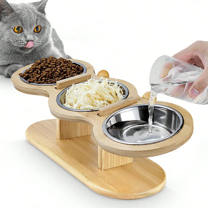 Cat 3 Bowls in 1 Feeder Feeding & Watering Supplies Food Bowl 15-Degree Tilt Raised Puppy 3 Stainless Steel Bowls Wood Brackets